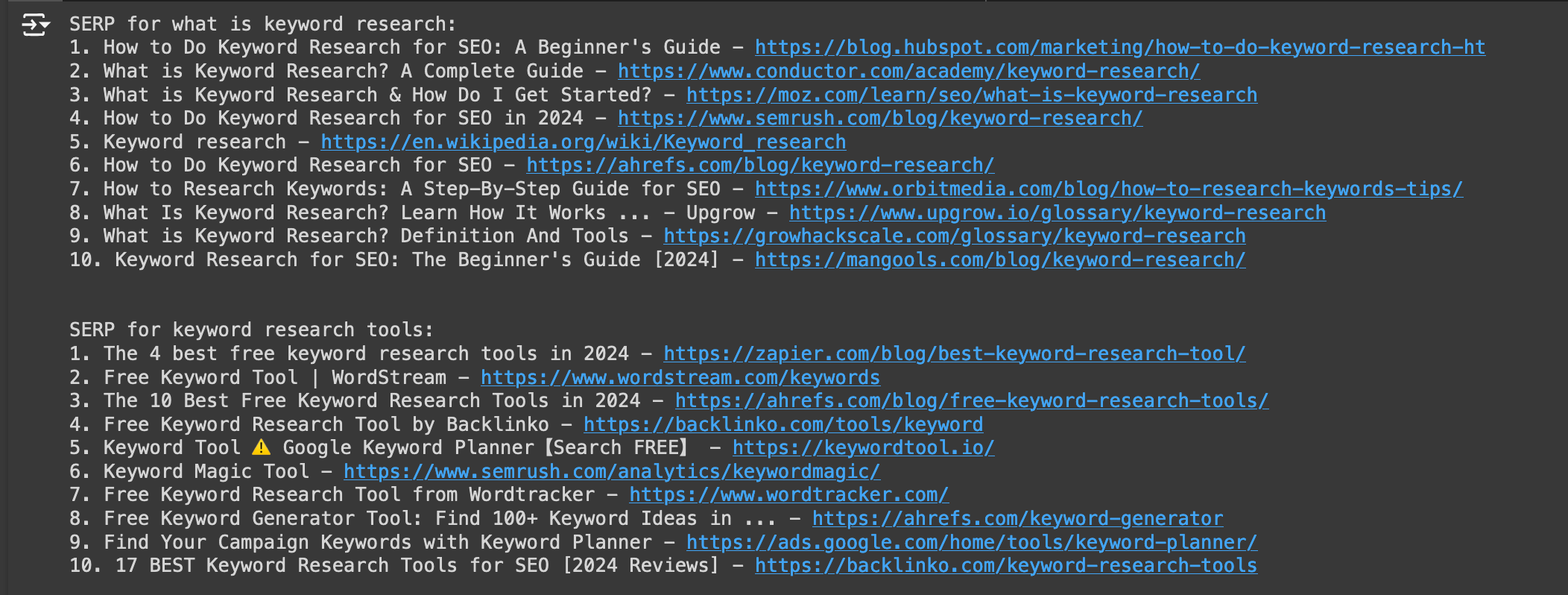 Example of SERP report