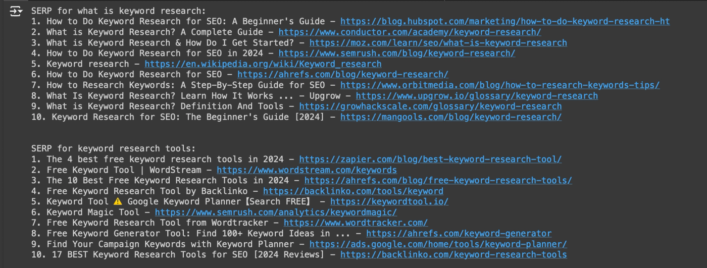 Example of SERP report