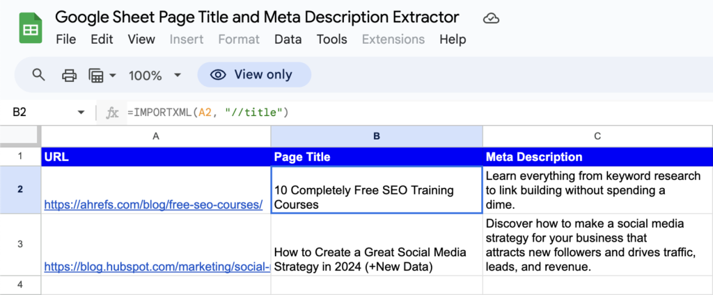 Google Sheets Page Title Meta Description Extractor