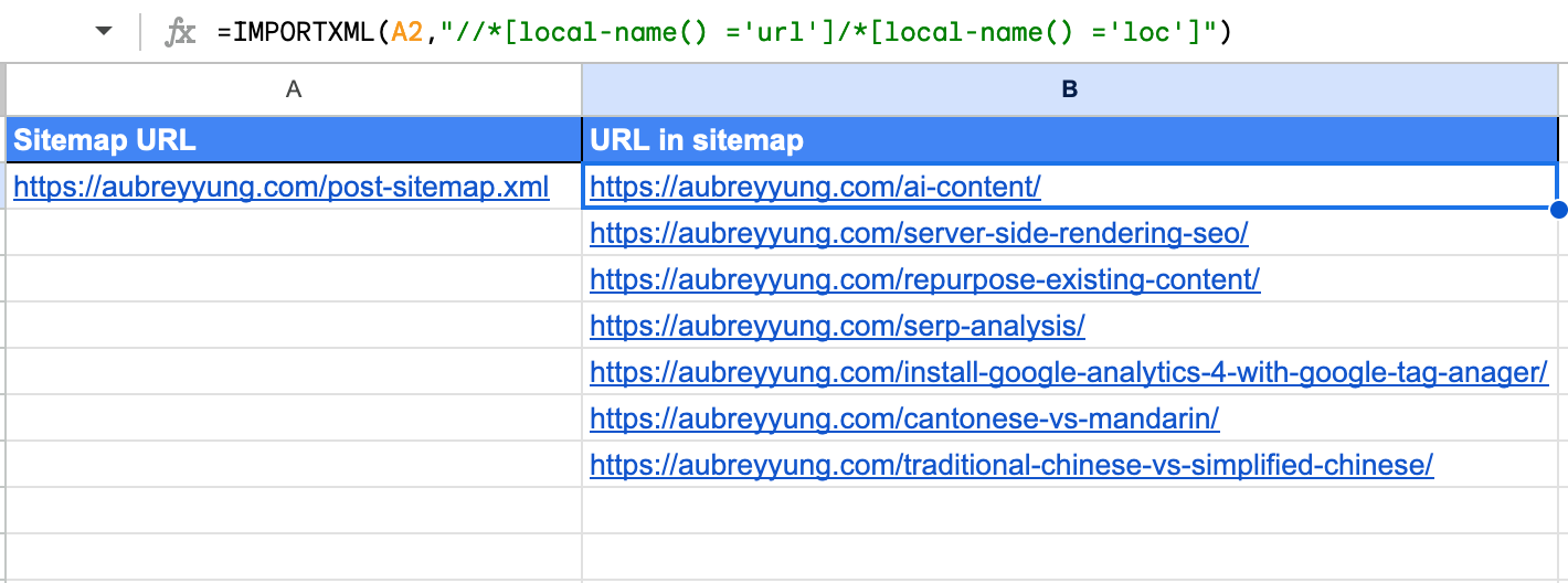 Use IMPORTXML to extract URLs from sitemap