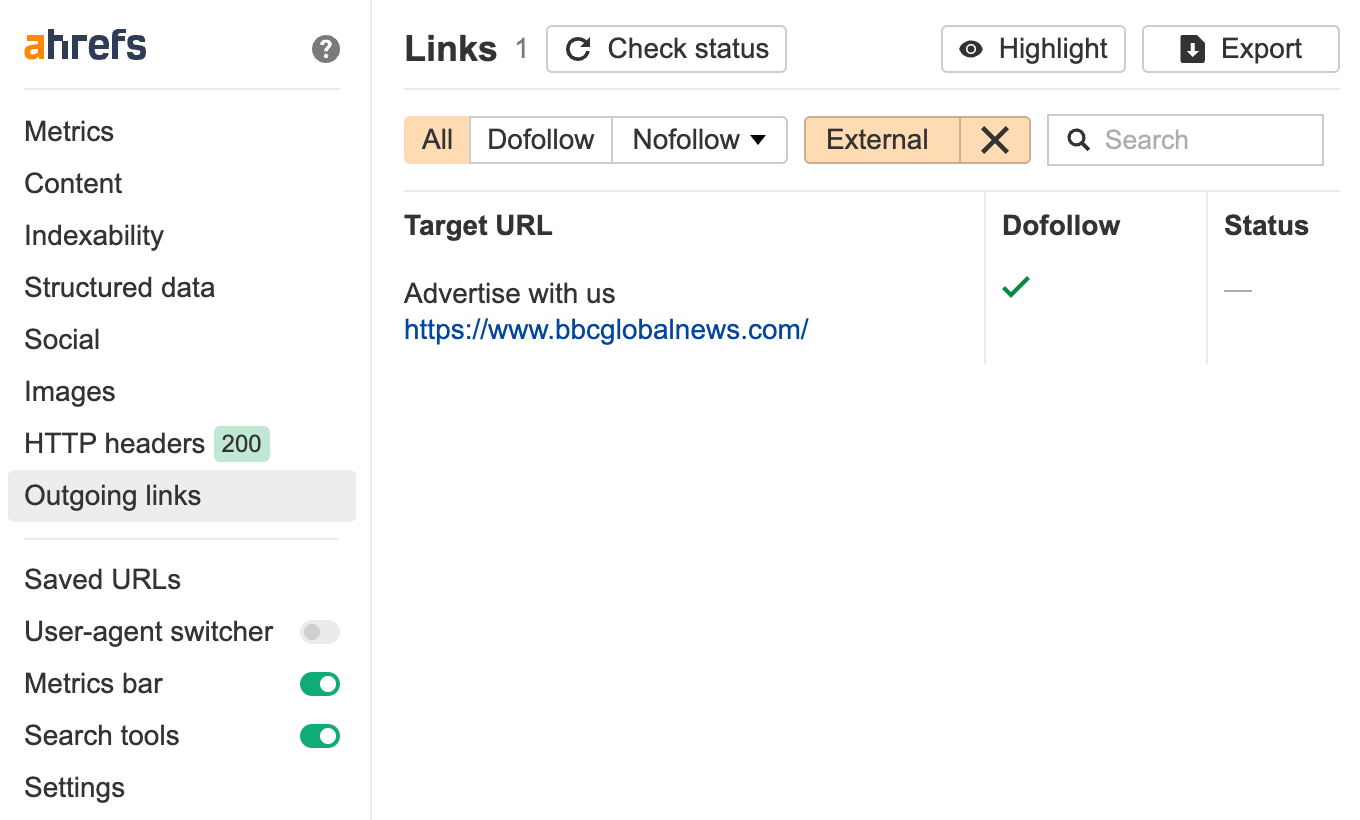 Use Ahrefs Tool Bar to check links