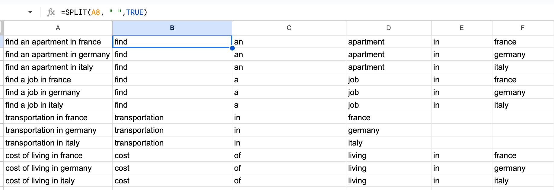 Use SPLIT in Google Sheets