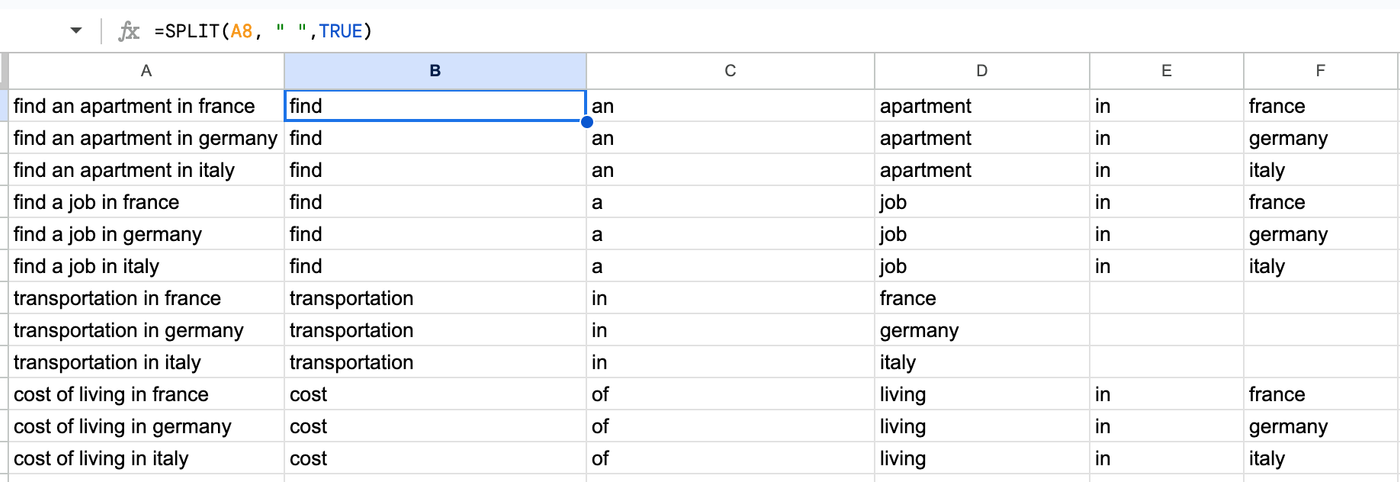 Use SPLIT in Google Sheets