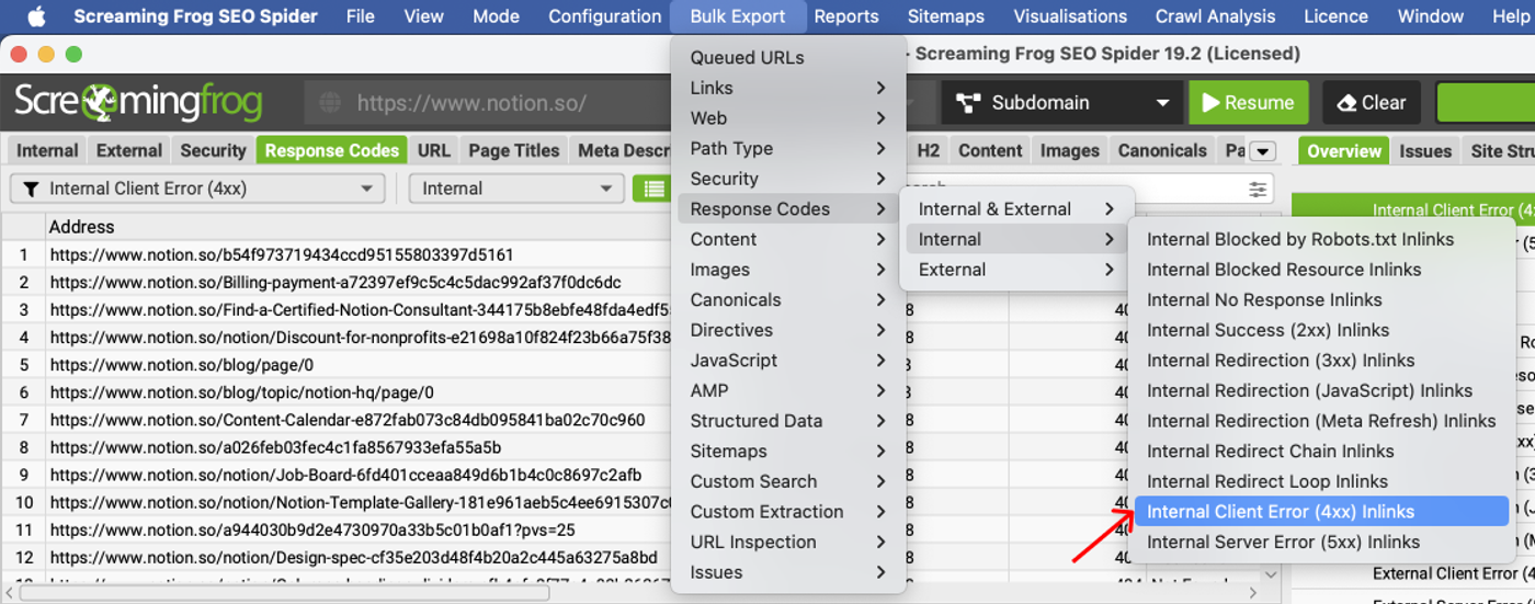Bulk export broken links