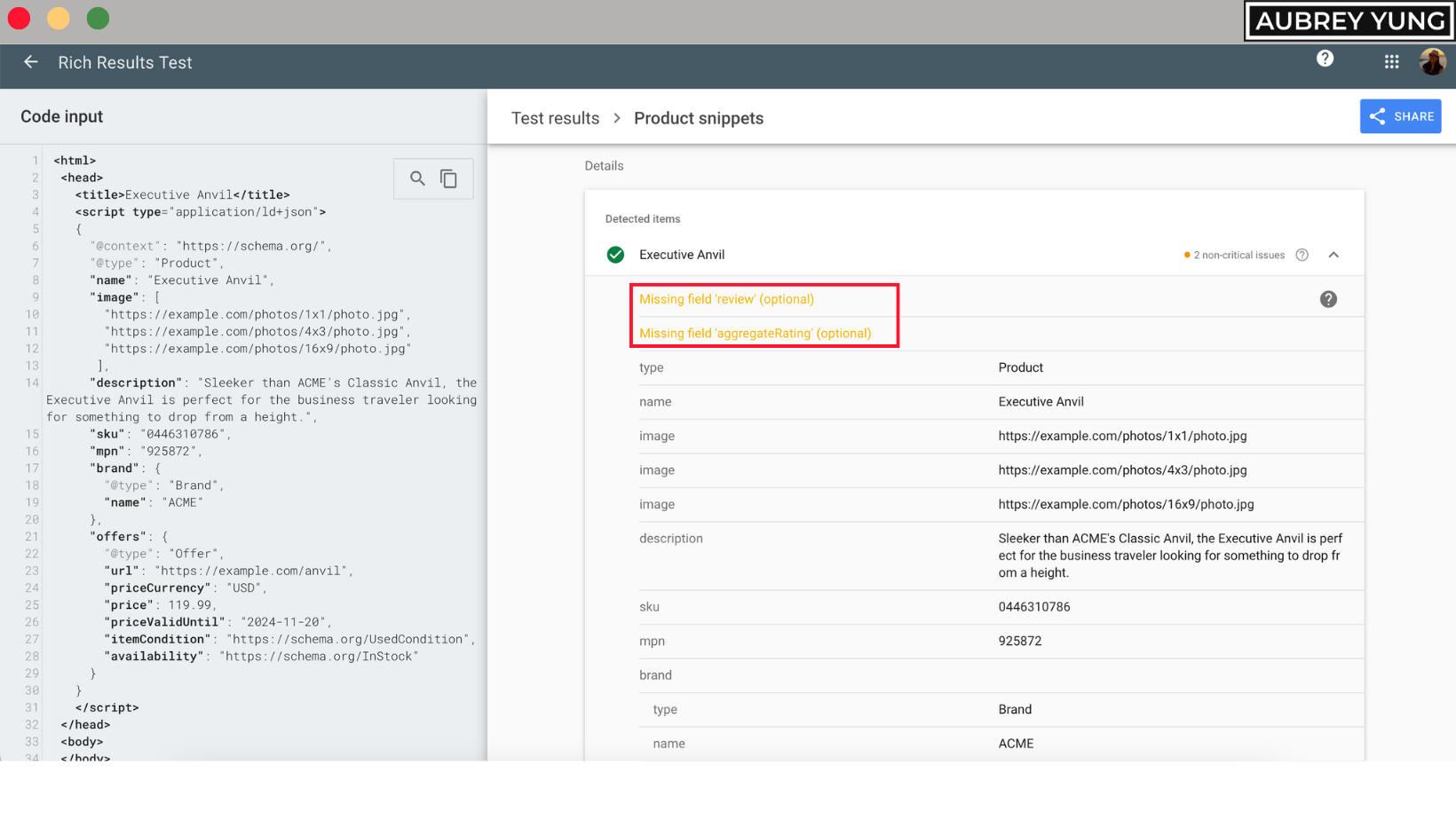 Missing optional fields in Google Rich Results Test