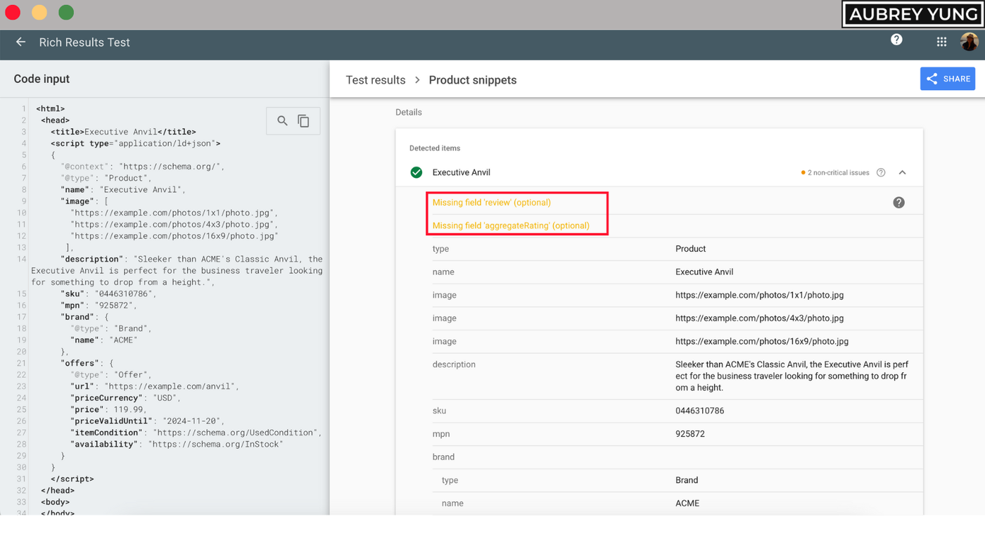 Missing optional fields in Google Rich Results Test