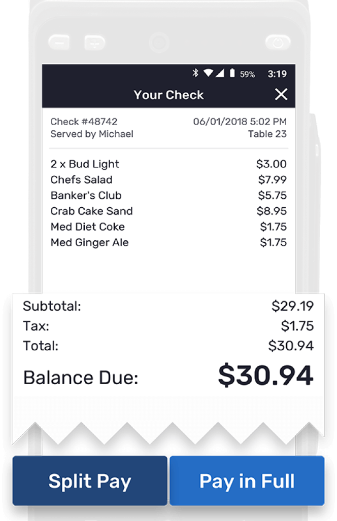 Mobile screen indicating bill breakdown and option to split payment
