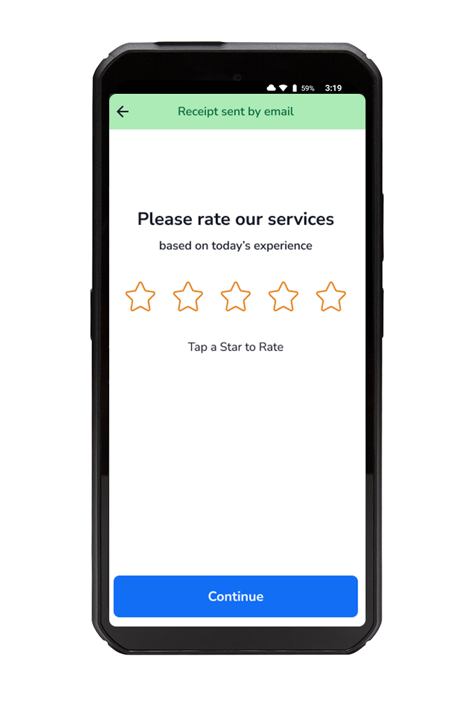 Receipt confirmation and reviews screen on SkyTab Air mobile POS device