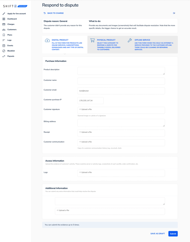 chargeback dashboard view Shift4