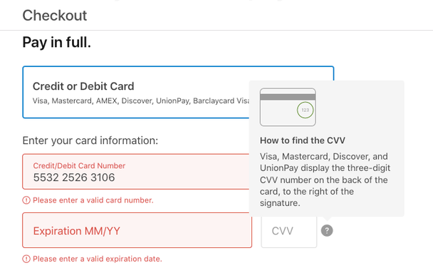 Checkout screen with credit card number entered into the field Shift4