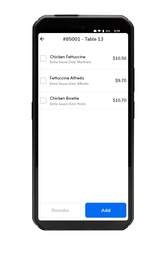 Items listed on a SkyTab Air mobile POS device