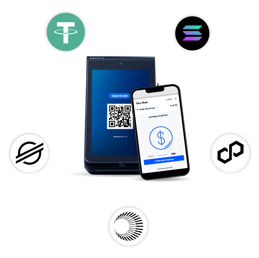Crypto platform logos surrounding a SkyTab Mobile POS system - crypto payment processing - Shift4