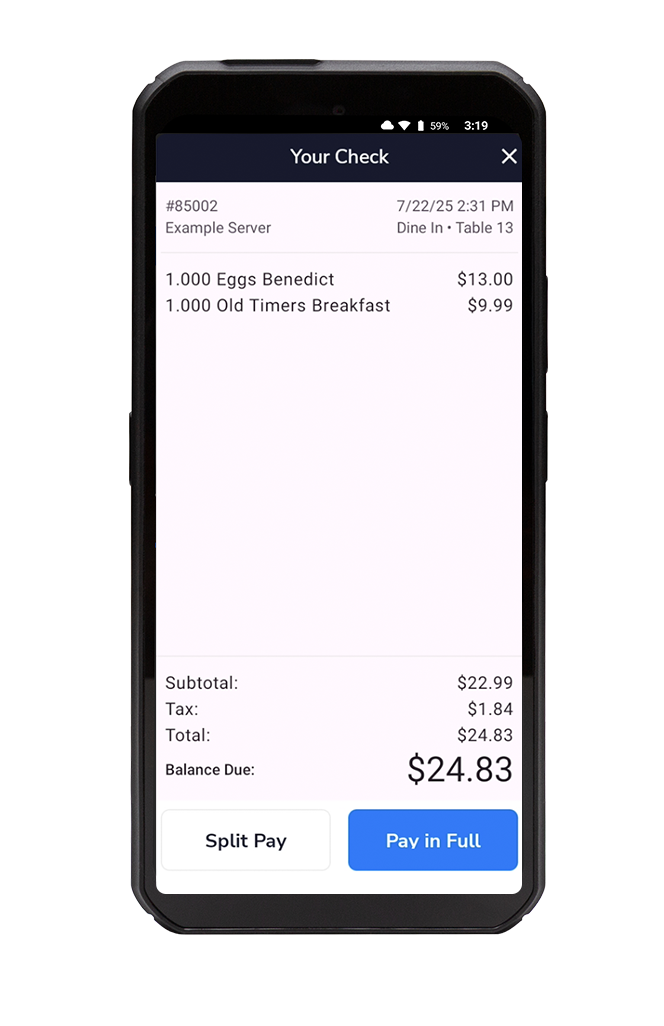 Mobile screen indicating bill breakdown and option to split payment on SkyTab Air mobile POS system