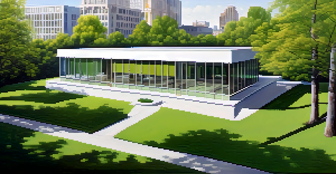 A contemporary modernist building with large windows and clean lines, surrounded by greenery.