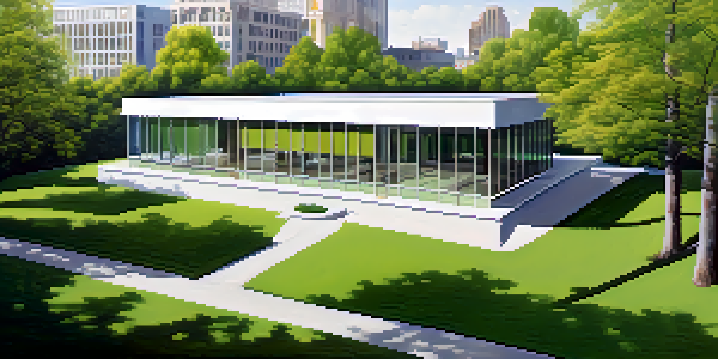 A contemporary modernist building with large windows and clean lines, surrounded by greenery.