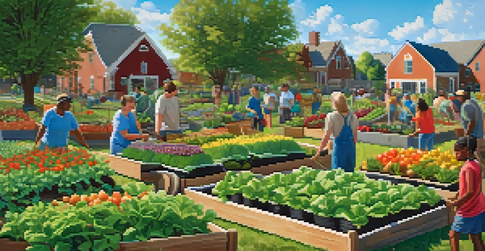 A lively community garden in St. Louis, with residents of different ages gardening together, surrounded by colorful plants and flowers under a sunny sky.