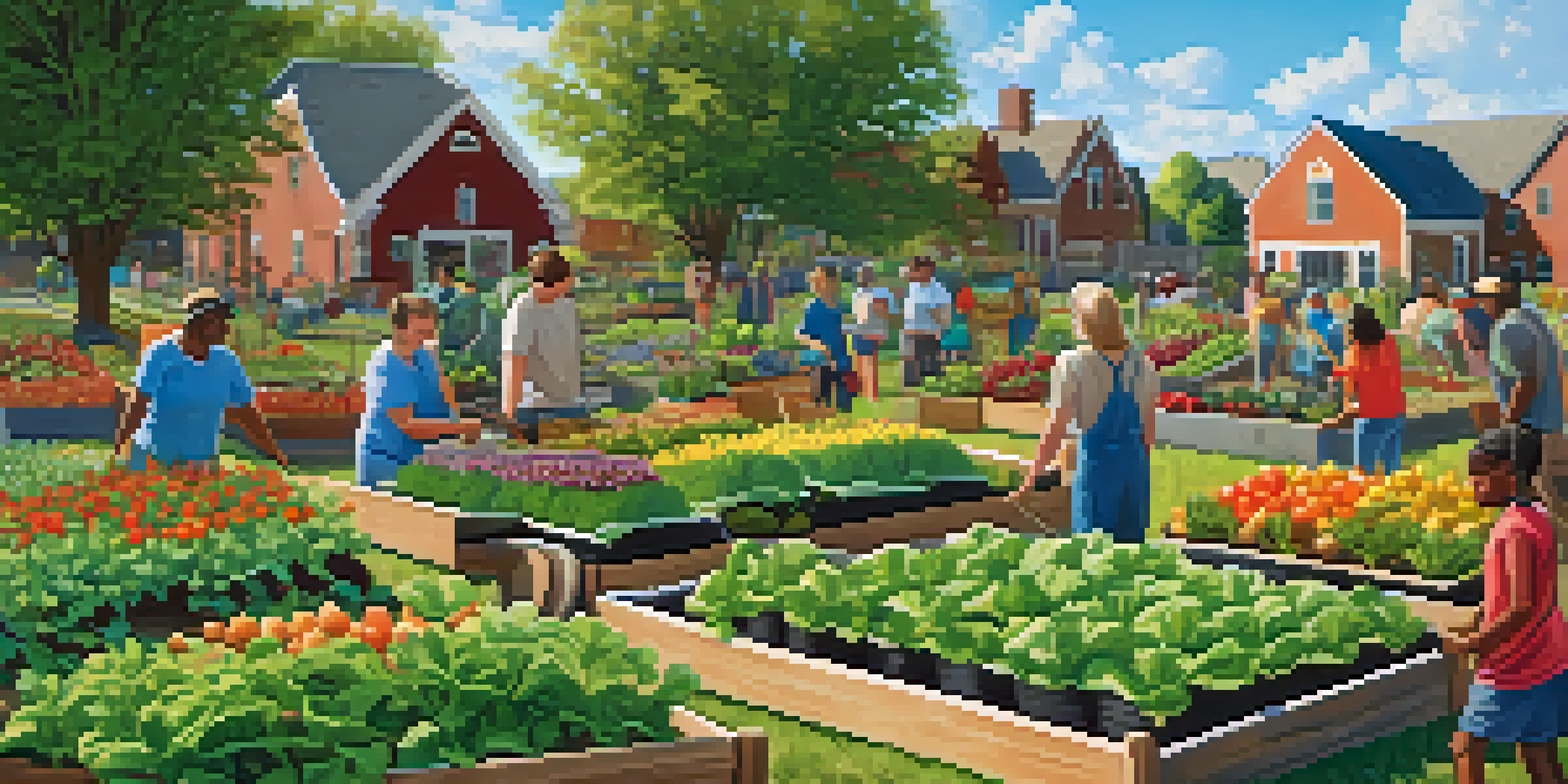 A lively community garden in St. Louis, with residents of different ages gardening together, surrounded by colorful plants and flowers under a sunny sky.