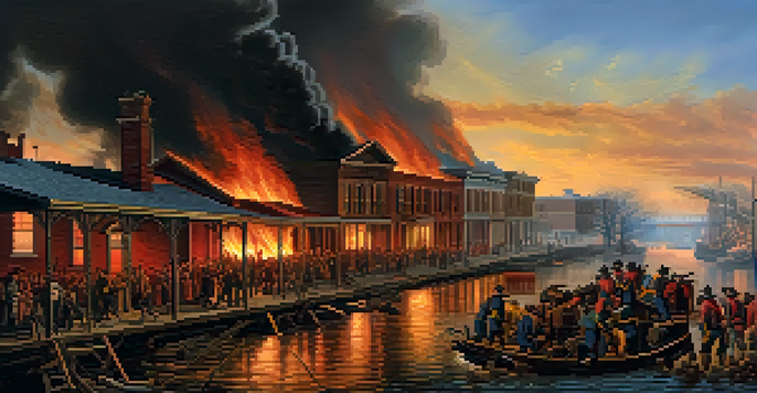 A historical depiction of the Great St. Louis Fire, showing flames and smoke with residents escaping the burning buildings.