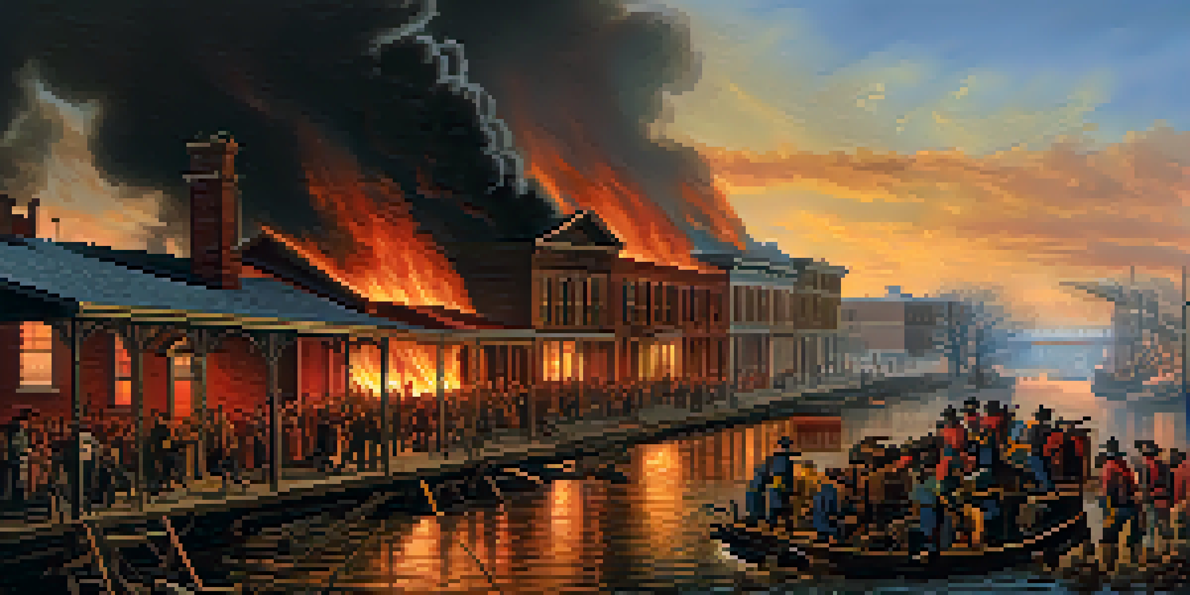 A historical depiction of the Great St. Louis Fire, showing flames and smoke with residents escaping the burning buildings.