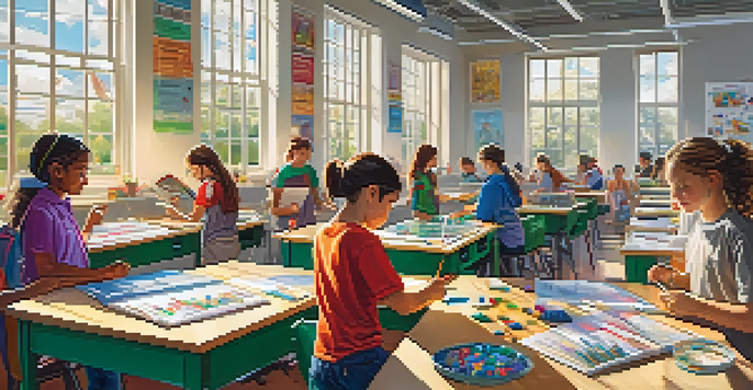 Students working together in a classroom, building a robot as part of a STEM project, surrounded by educational posters and bright sunlight.