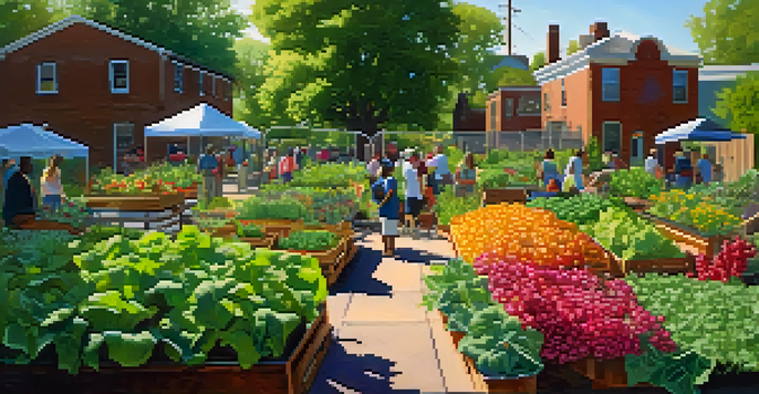 A community garden in Old North St. Louis with diverse residents working together among colorful plants and vegetables under sunlight.