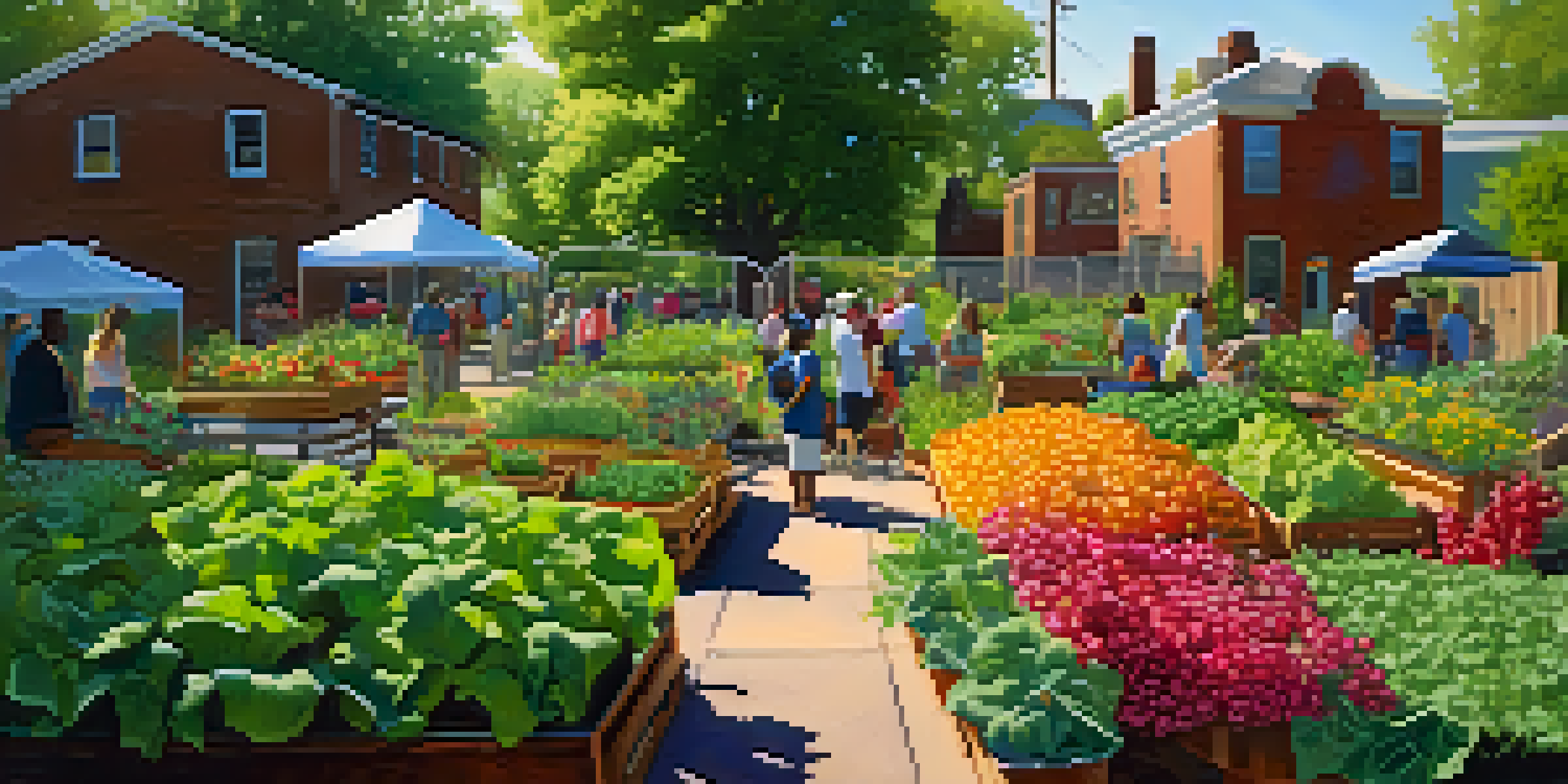 A community garden in Old North St. Louis with diverse residents working together among colorful plants and vegetables under sunlight.