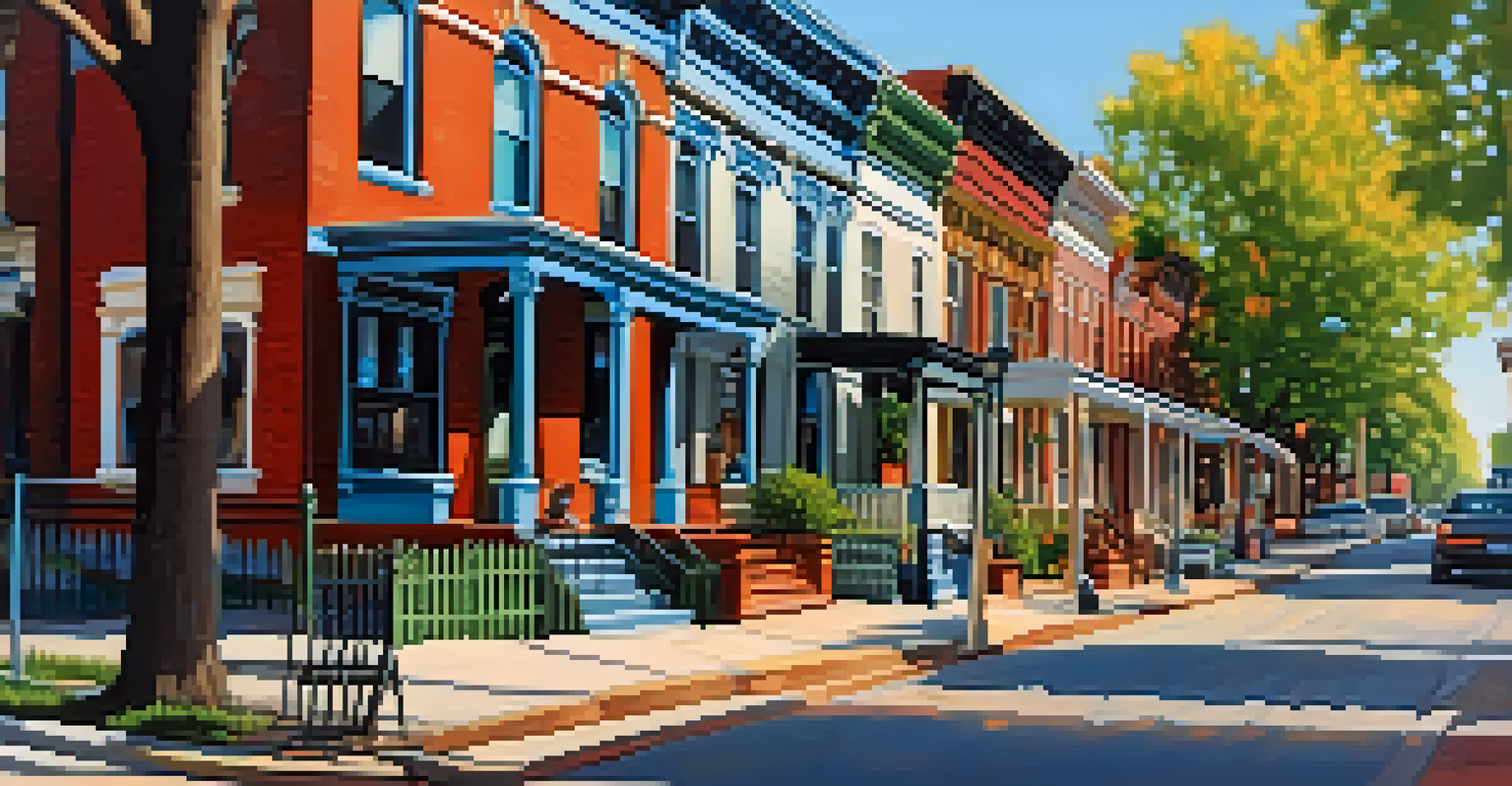 A lively street scene in the Soulard neighborhood of St. Louis with Victorian homes and people enjoying outdoor cafes.