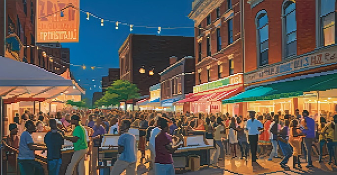 A lively jazz festival in St. Louis with musicians on stage and a dancing crowd under a sunset.