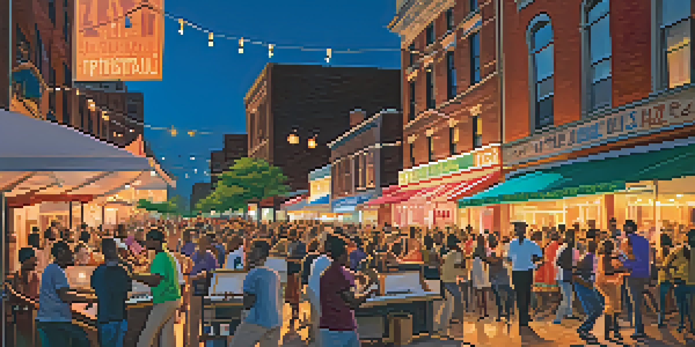 A lively jazz festival in St. Louis with musicians on stage and a dancing crowd under a sunset.