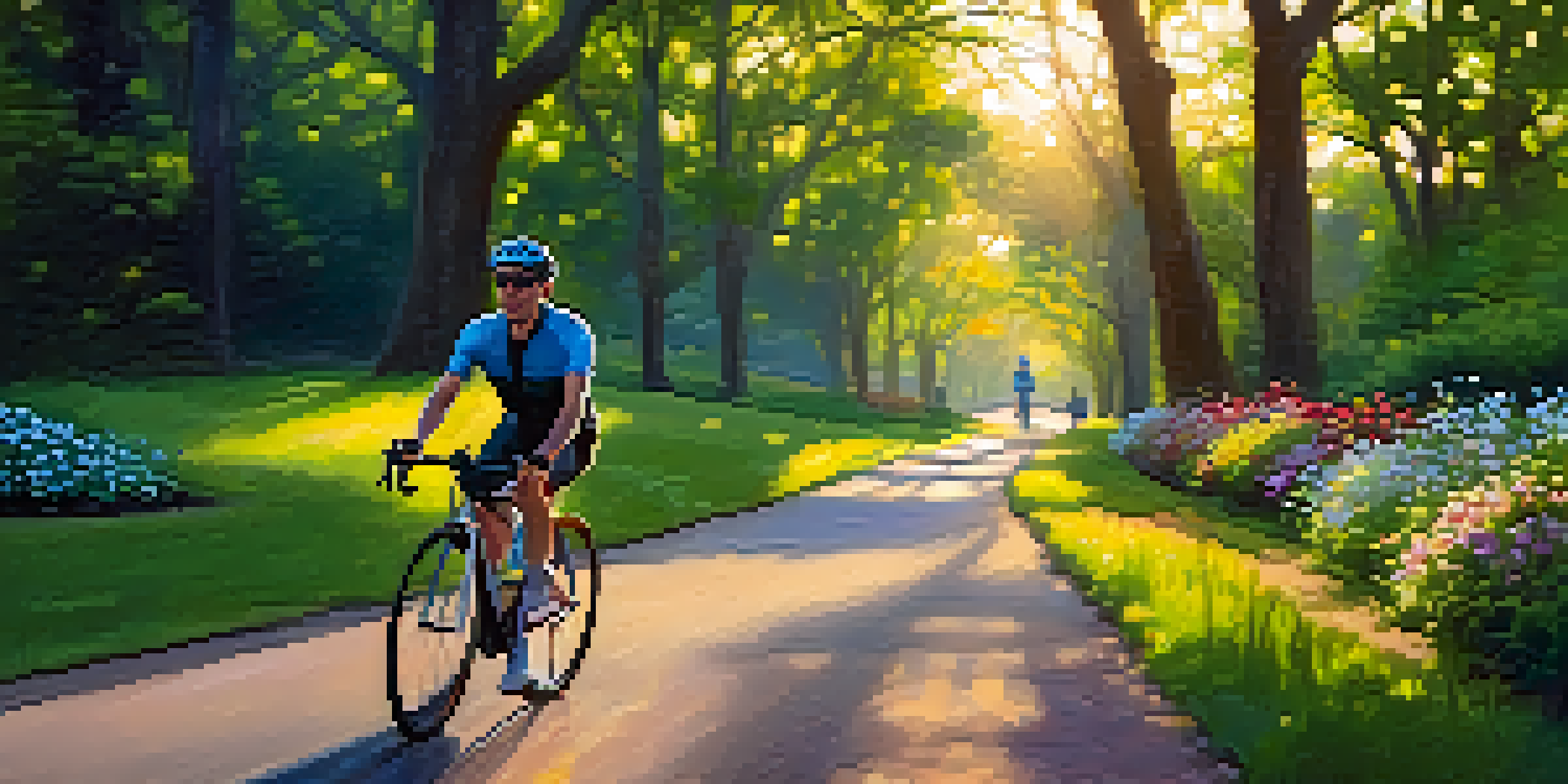 A cyclist riding through a park with greenery and flowers during sunset.