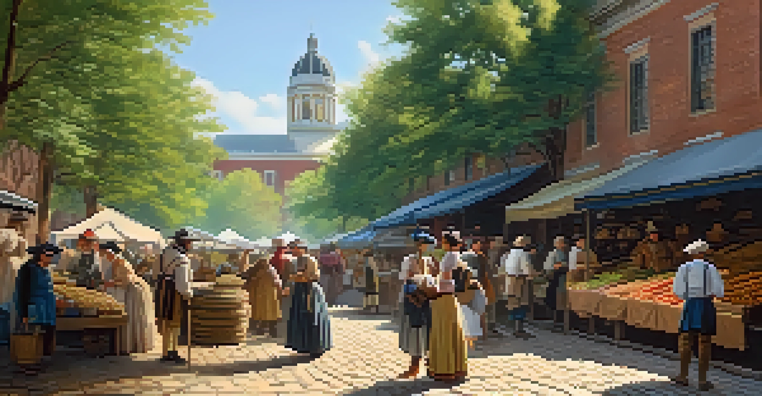 An 18th-century market scene in St. Louis with traders and settlers, colorful stalls, and dappled sunlight.
