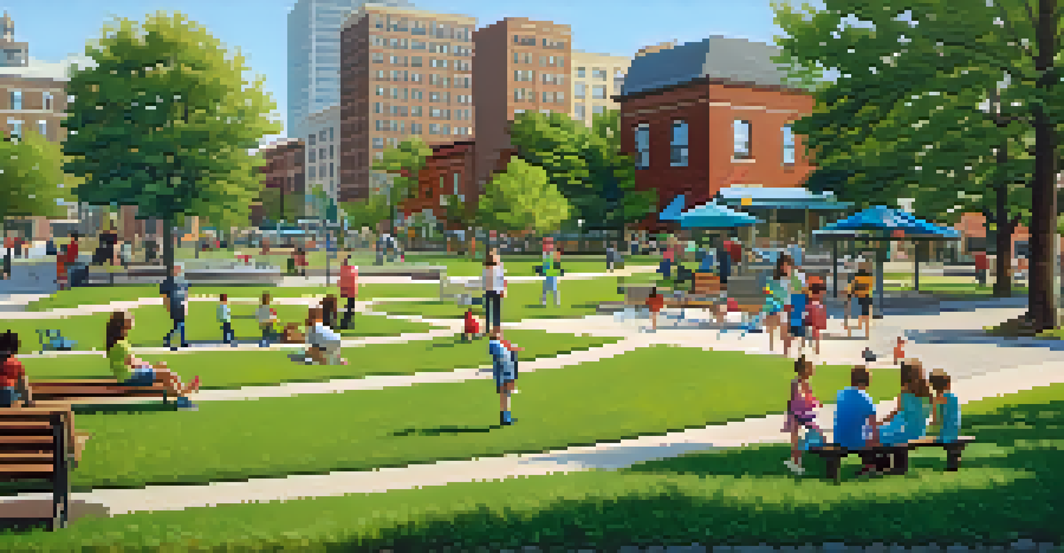 A sunny neighborhood park in St. Louis, filled with families enjoying the day, children playing, and the skyline visible in the background.