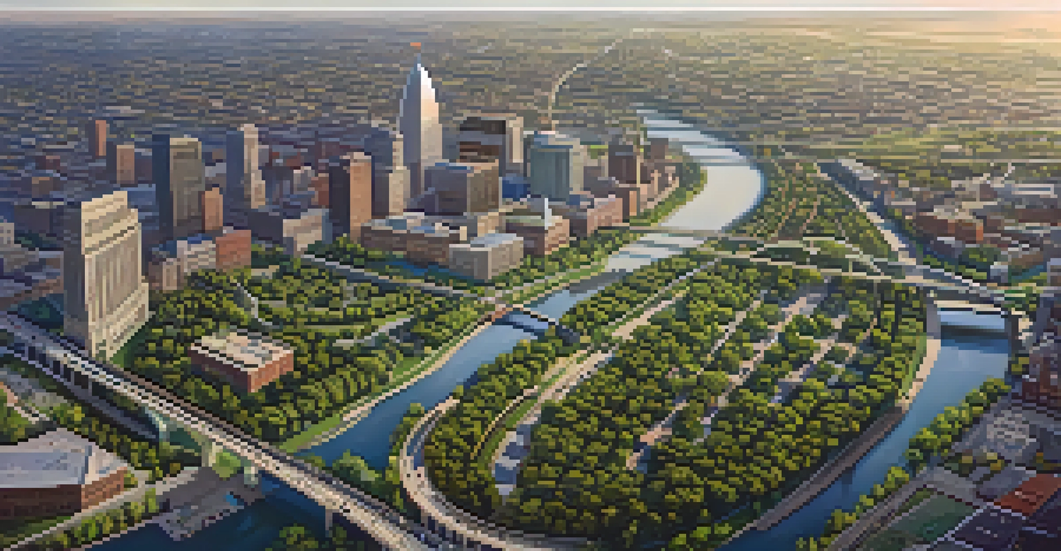 Aerial view of St. Louis showing roads, highways, and green spaces, highlighting the urban infrastructure and parks.