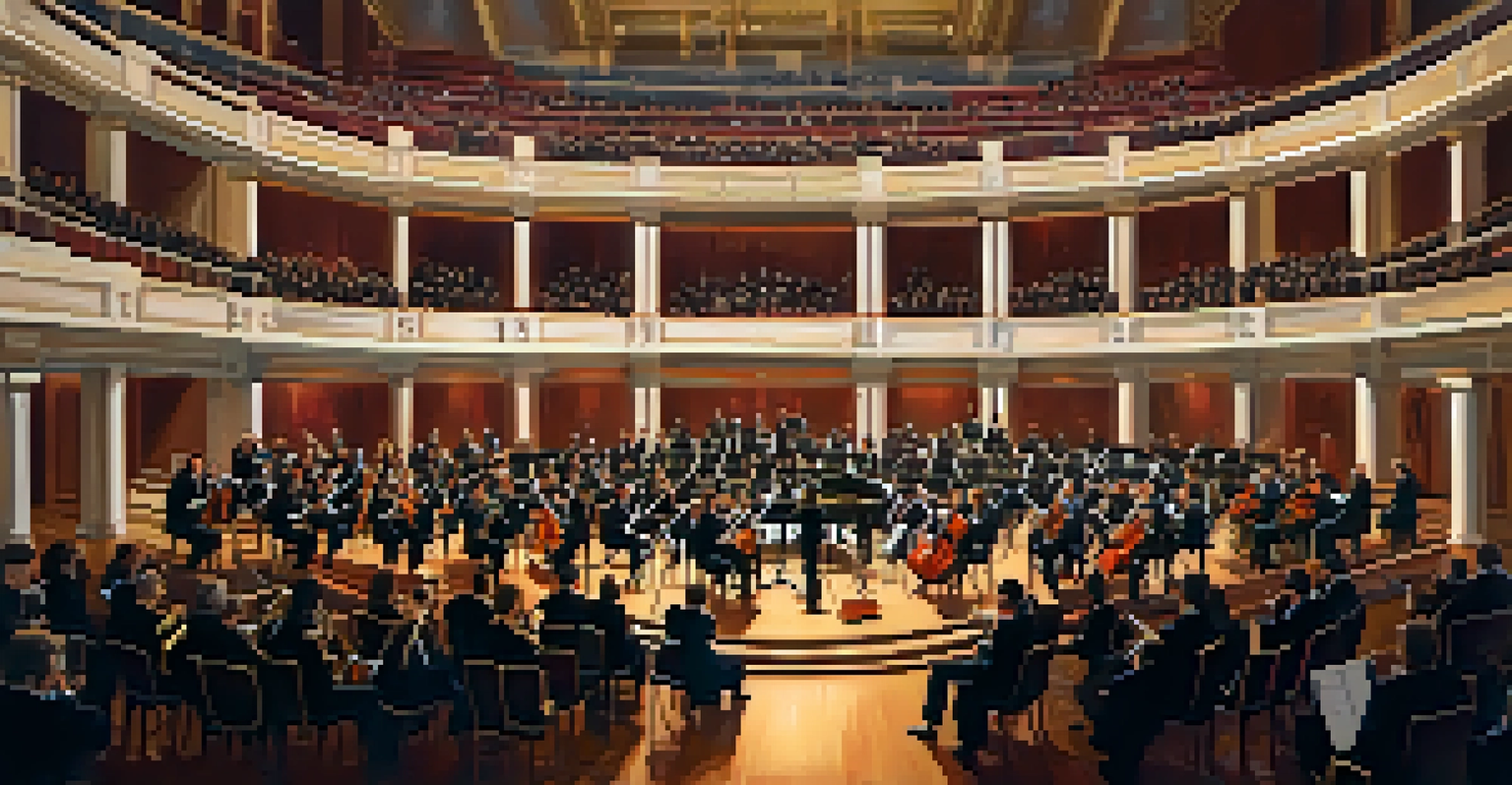 An indoor concert featuring the St. Louis Symphony Orchestra, with musicians playing under soft lighting in an elegant concert hall.