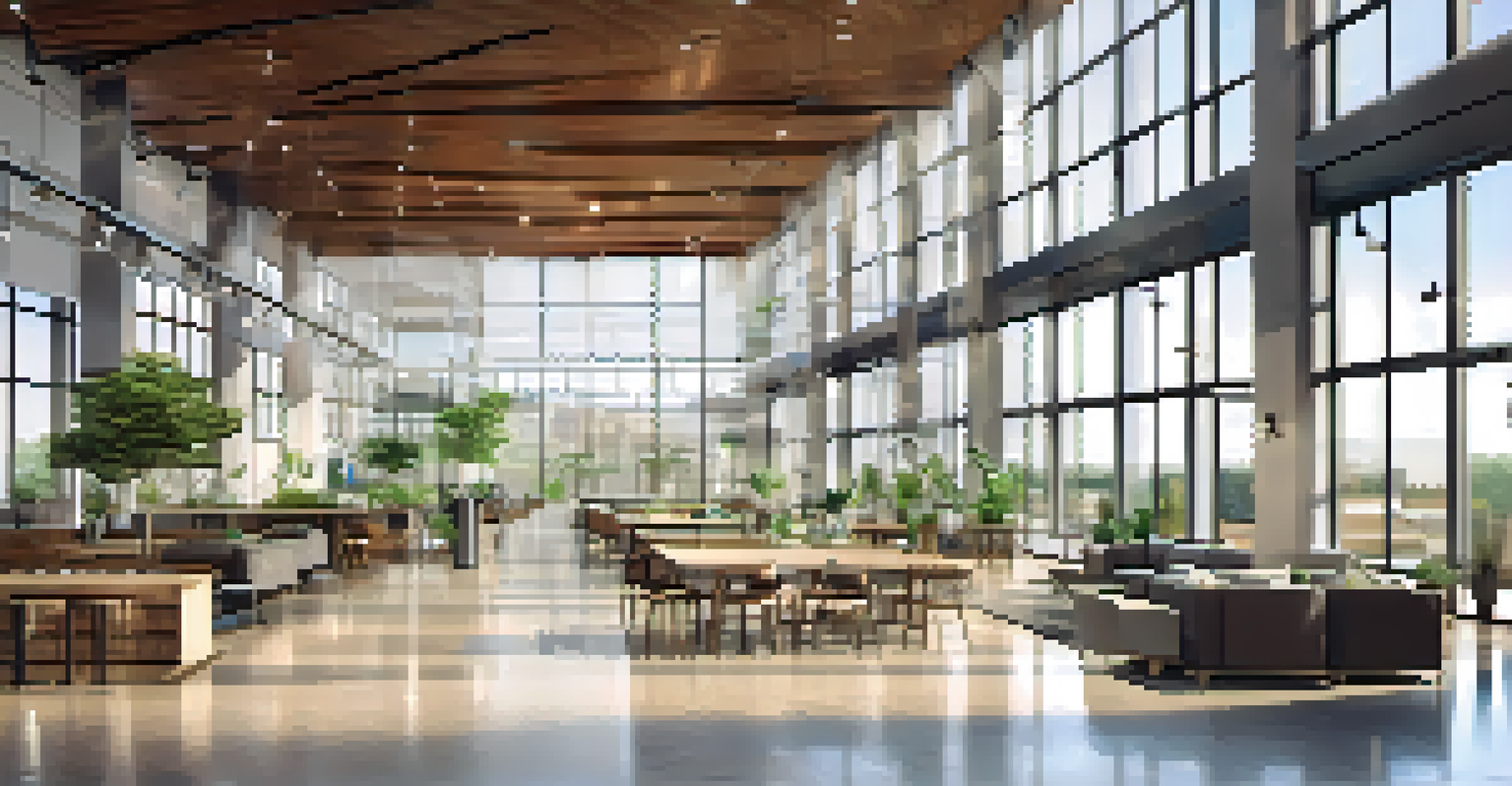 An interior of a modern smart building in St. Louis with large windows, energy-efficient design elements, and greenery.