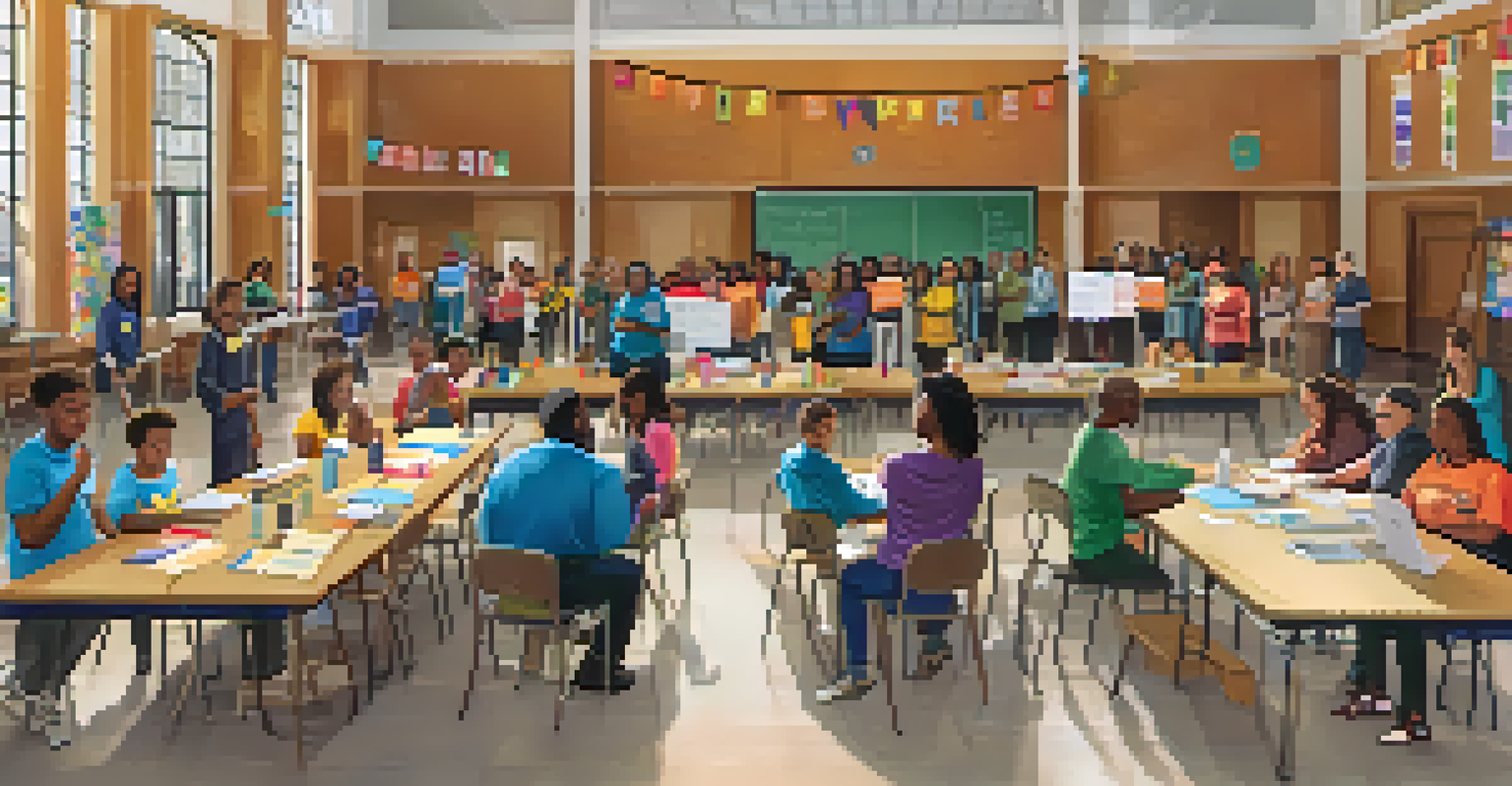 A community workshop in a school gym with parents and educators discussing inclusive education, surrounded by informational materials.