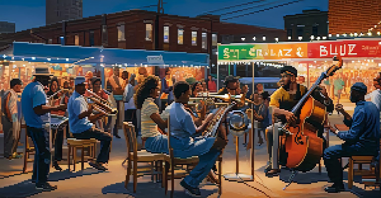 A vibrant street scene in St. Louis showcasing musicians playing jazz and blues, with colorful street art and food stalls under string lights.