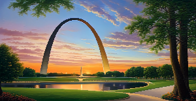 A sunset view of the Gateway Arch in St. Louis, with its reflective curves and the Mississippi River below, surrounded by greenery and people enjoying the park.