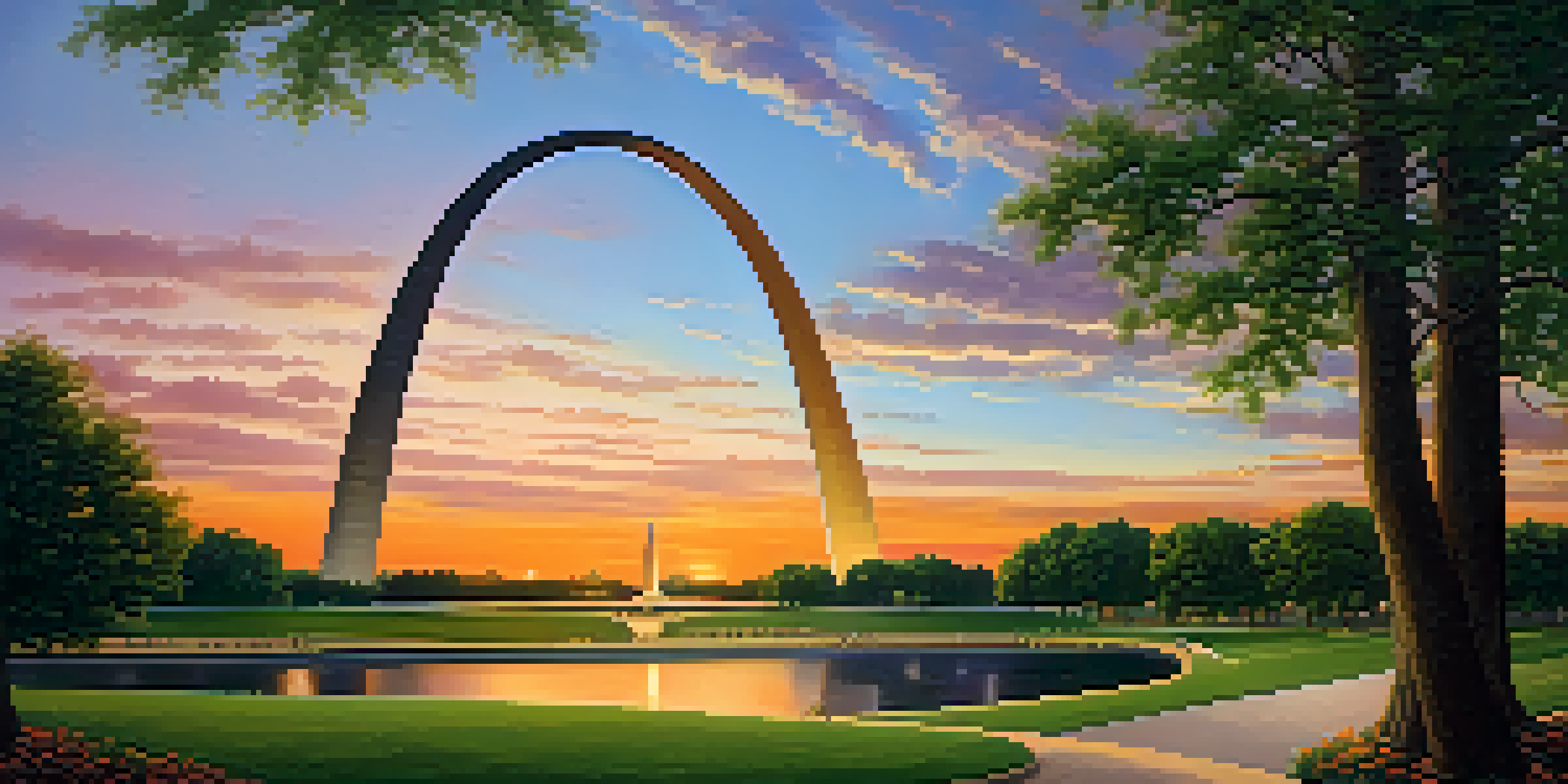 A sunset view of the Gateway Arch in St. Louis, with its reflective curves and the Mississippi River below, surrounded by greenery and people enjoying the park.