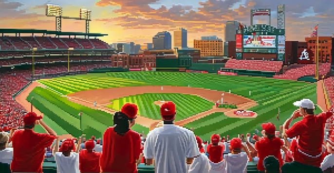 A lively baseball game at Busch Stadium with cheering fans, players on the field, and the St. Louis arch in the background.