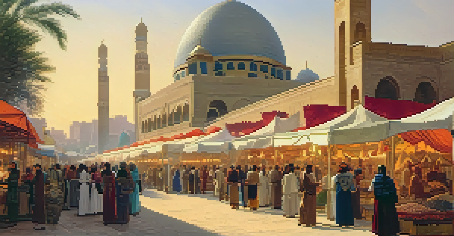 The 'Street in Cairo' pavilion from the 1904 World's Fair, featuring a vibrant Egyptian market with artisans and colorful textiles, illuminated by the setting sun.