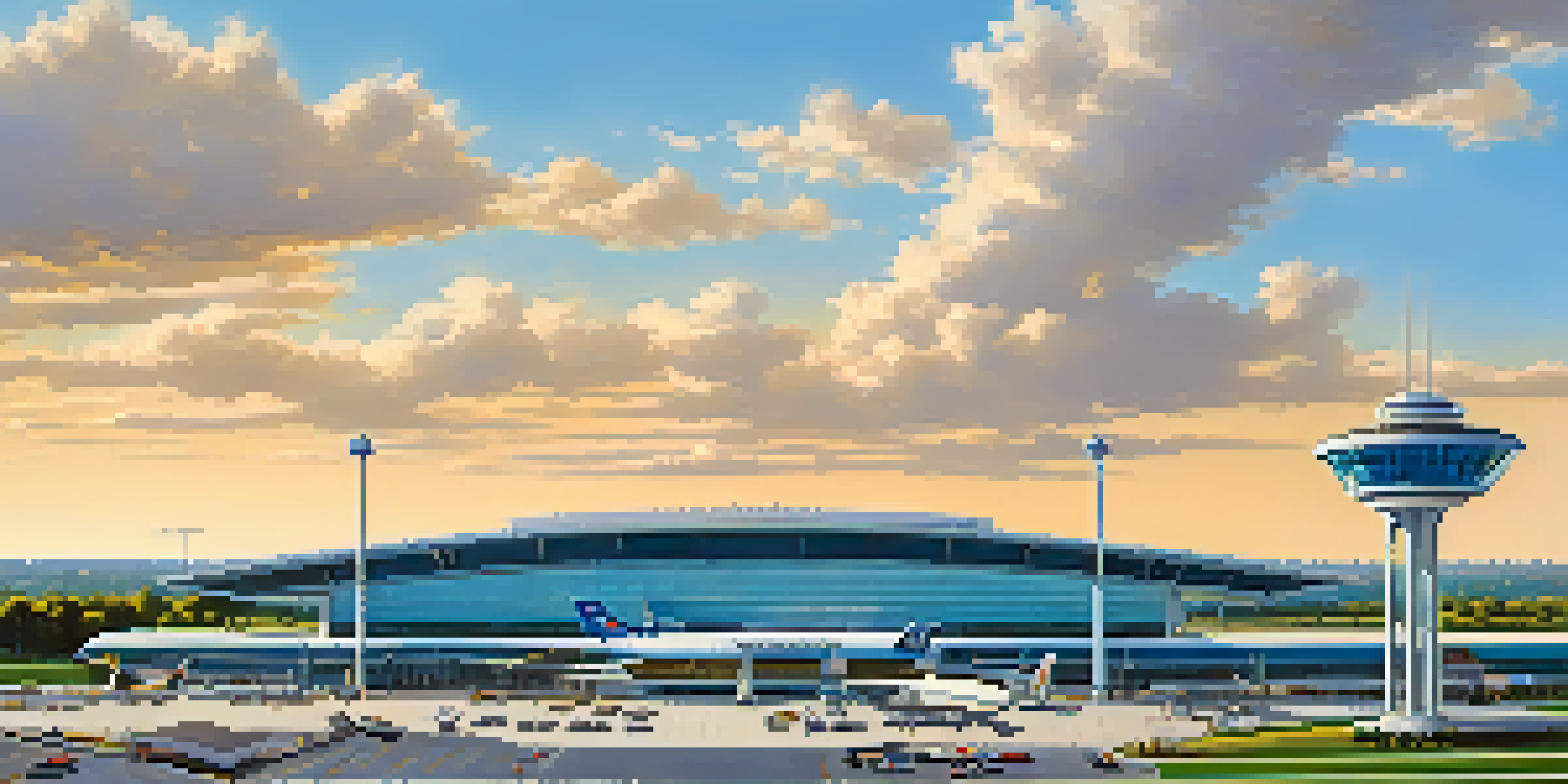 A wide-angle view of St. Louis Lambert International Airport, highlighting its contemporary design and bustling environment.