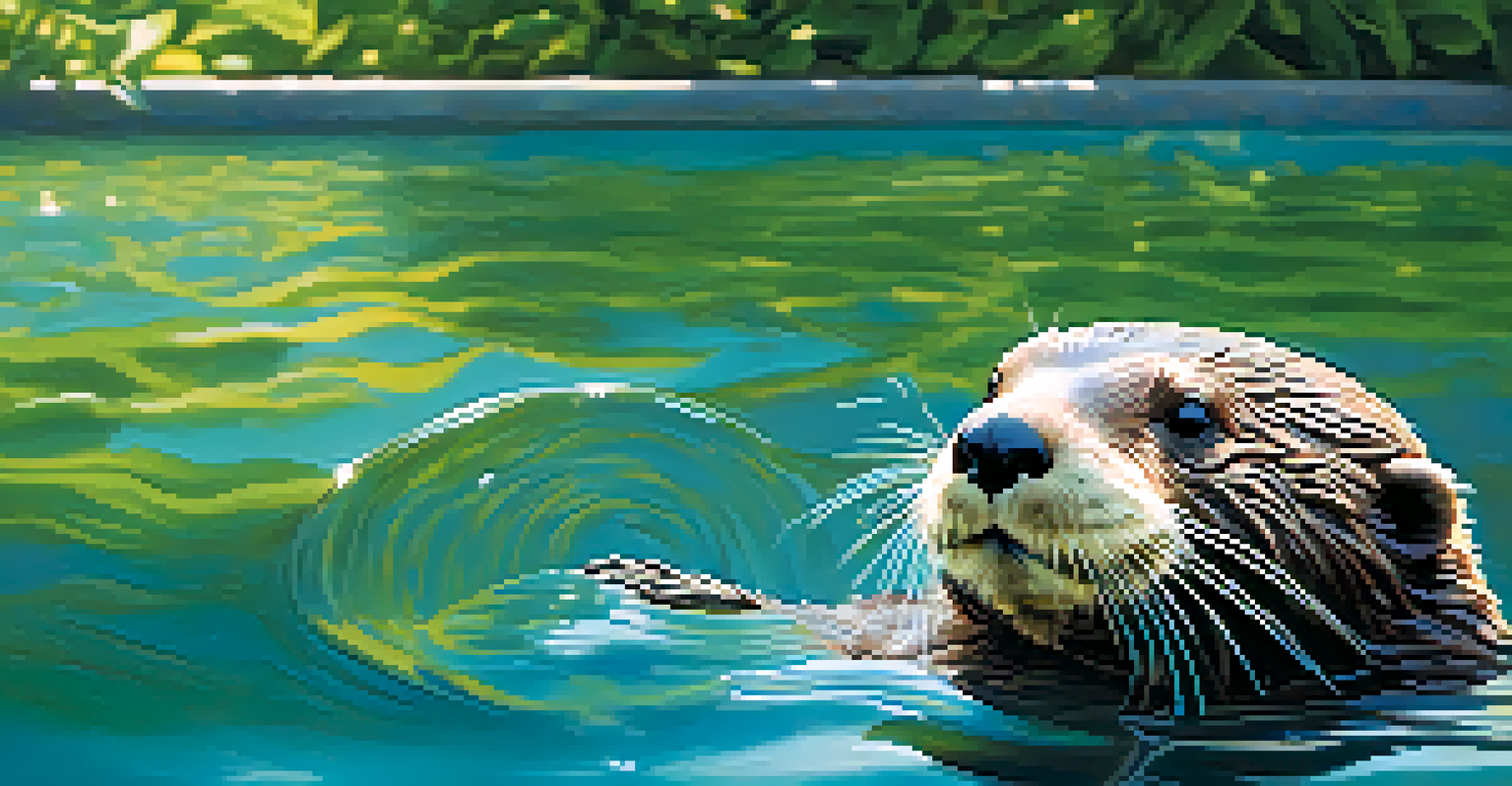 A sea otter floating in a clear blue pool at the Saint Louis Zoo, with visitors enjoying the scene in the background.