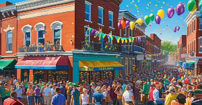 A lively Mardi Gras celebration in Soulard with colorful floats and crowds in festive attire under a blue sky.
