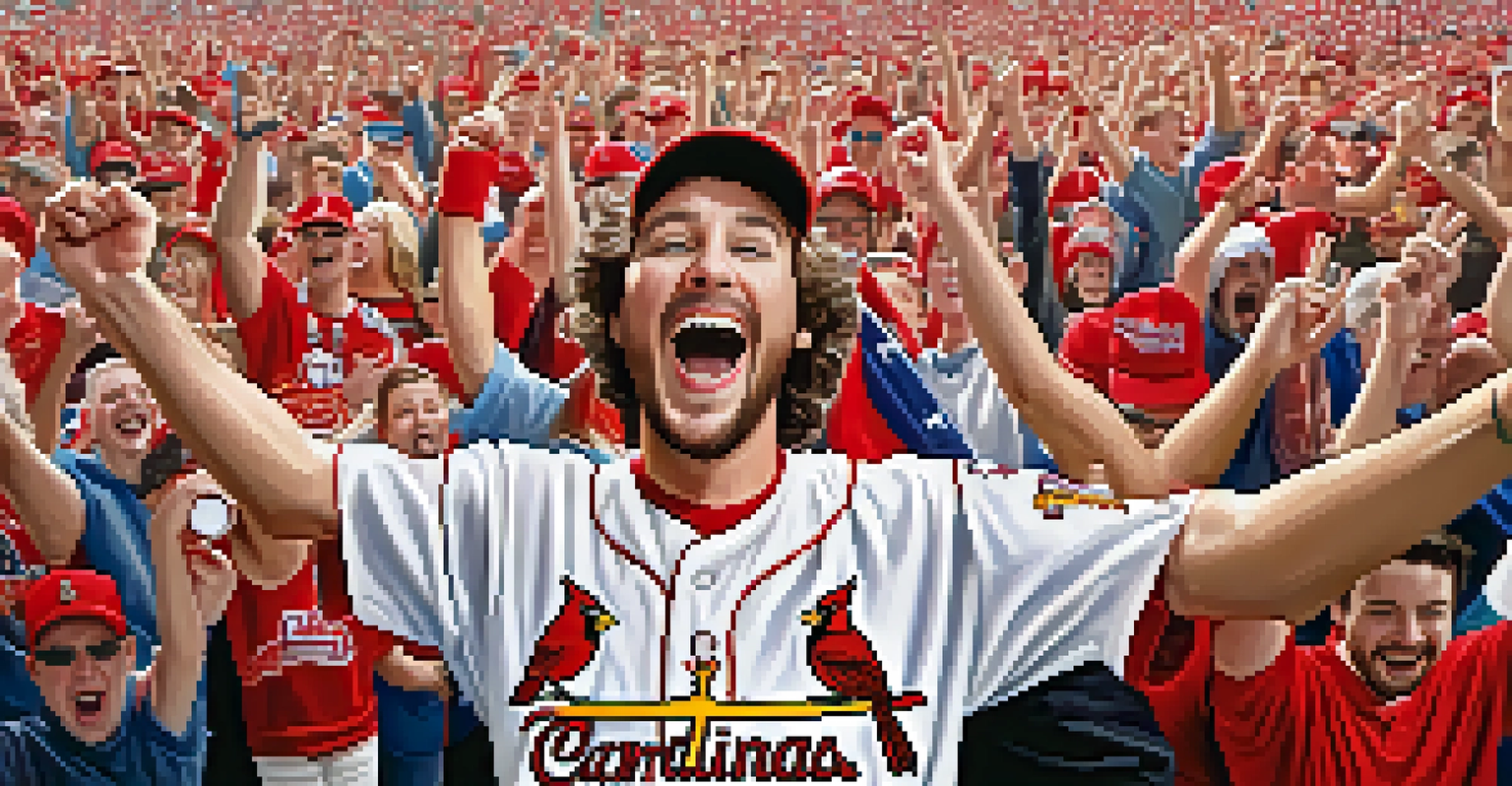 A close-up of a happy St. Louis Cardinals fan celebrating a game victory with face paint and team colors.
