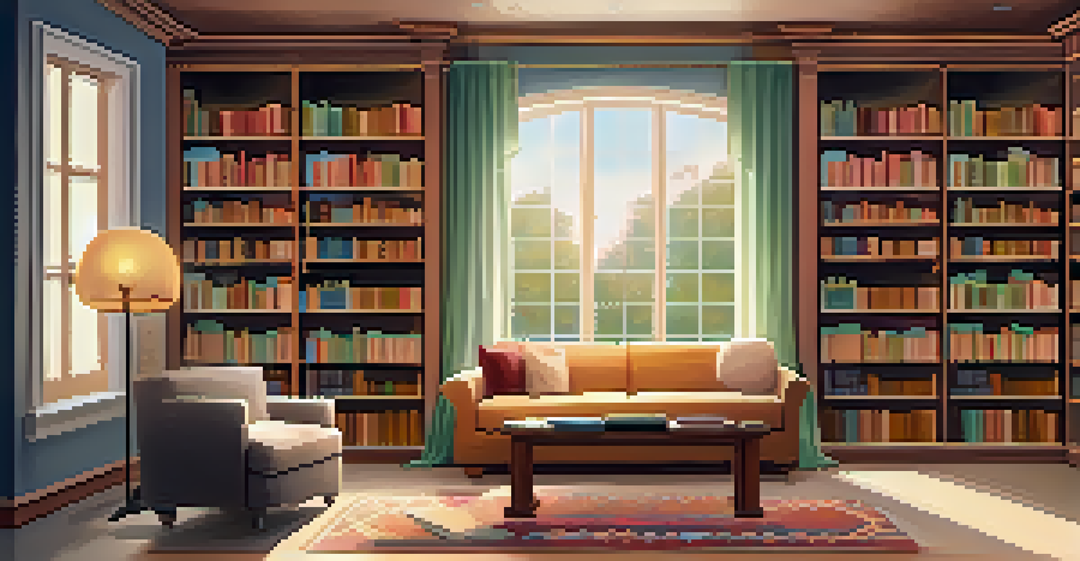 A calm library corner filled with books on arts education and a cozy reading nook for students to explore their artistic interests.