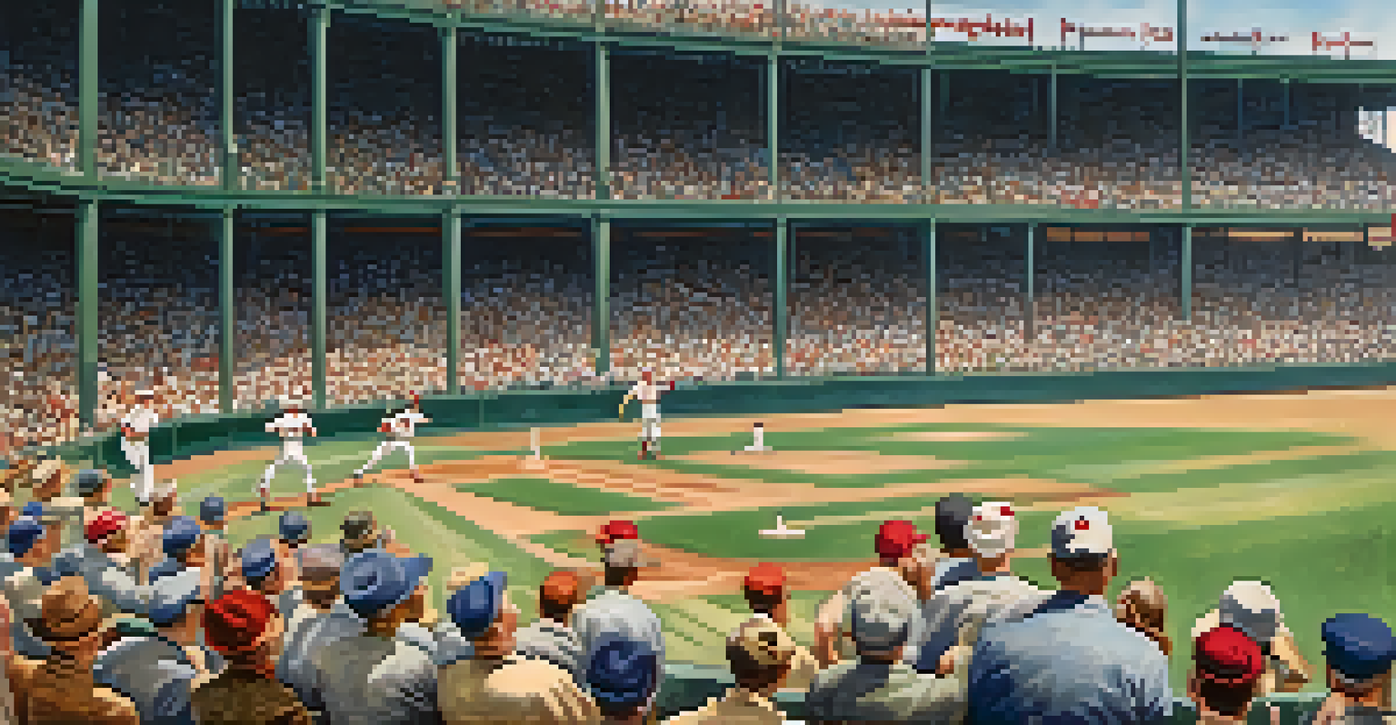 The Gas House Gang players in action during a lively baseball game in the 1930s, with a cheering crowd and colorful banners.
