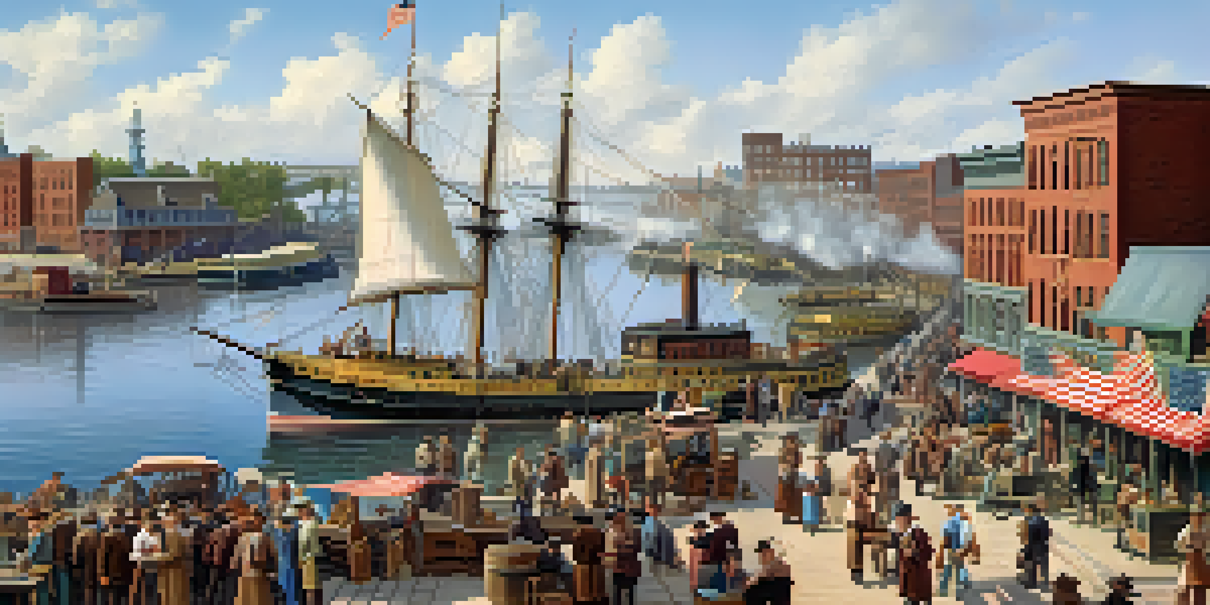 A busy 19th-century river port in St. Louis with steamboats and merchants, showcasing the vibrant life along the Mississippi River.