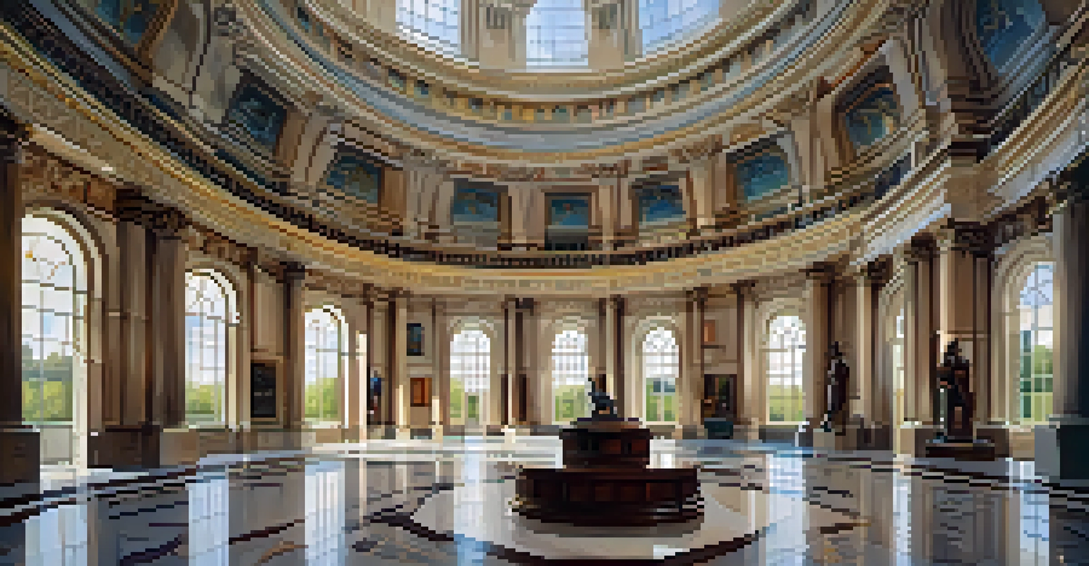 The grand interior of the Missouri State Capitol with its dome and detailed murals, illuminated by soft light.