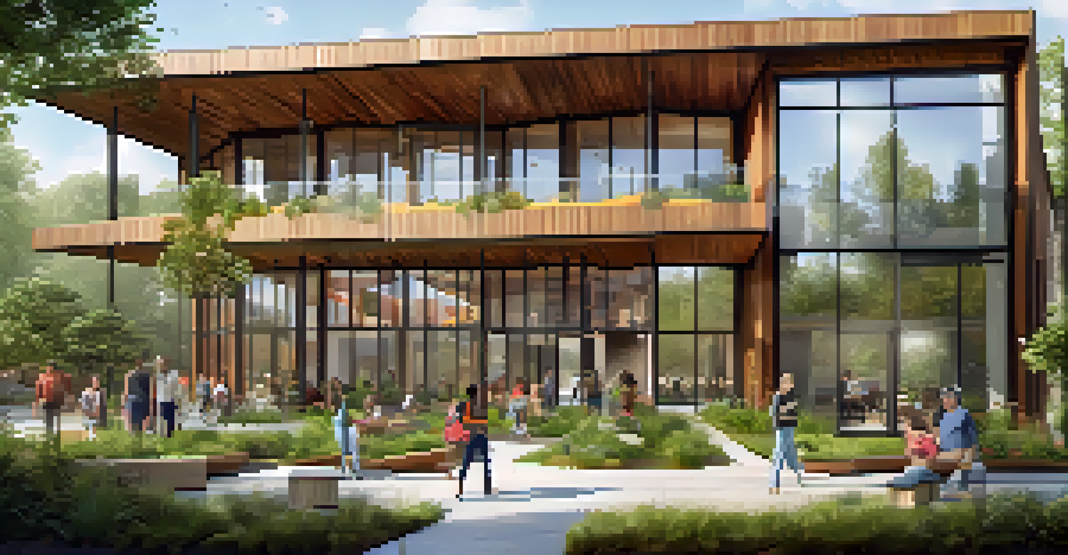 A contemporary building in the Cortex Innovation Community, featuring geometric design and large windows, surrounded by greenery and community activities.